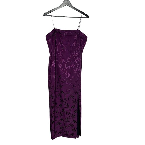 Vintage 90s Purple Leaf Print Spaghetti Strap Full Length Formal Dress Size  12